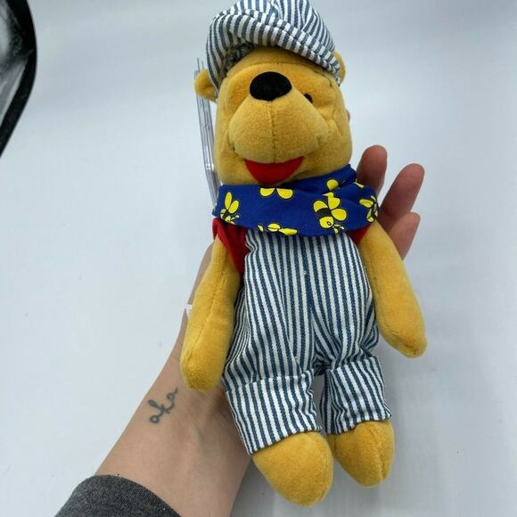 Disney Soft Toy For Kids Blue Striped Winnie The Mini Bean Bag Choo Choo Pooh 8 - Picture 2 of 7